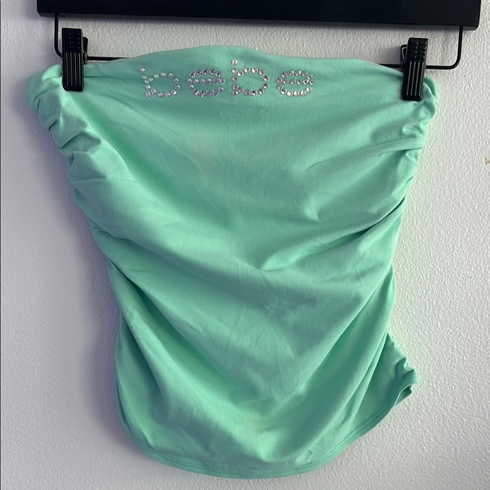 Bebe Light Green Strapless Top with Rhinestone Logo